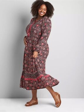 Long Sleeve Lace Up Midi Dress Plus Size 24 Boho Pockets Lane Bryant New NWT